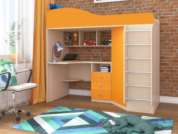 Кровать-чердак Кадет-1 с металлической лестницей Дуб молочный/Оранжевый в Ачинске - achinsk.mebel54.com | фото