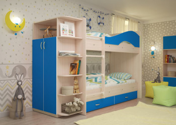 Кровать Мая двухъярусная с ящиками и шкафом Млечный дуб/Голубой в Ачинске - achinsk.mebel54.com | фото
