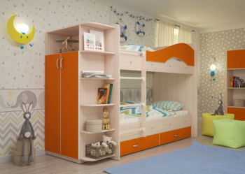Кровать Мая двухъярусная с ящиками и шкафом Млечный дуб/Оранжевый в Ачинске - achinsk.mebel54.com | фото