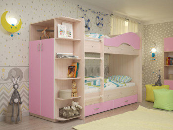 Кровать Мая двухъярусная с ящиками и шкафом Млечный дуб/Розовый в Ачинске - achinsk.mebel54.com | фото