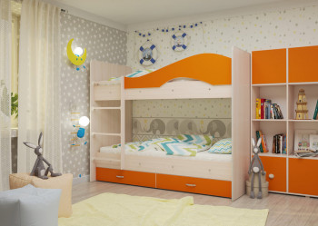 Кровать Мая двухъярусная с ящикамиМлечный дуб/Оранжевый в Ачинске - achinsk.mebel54.com | фото