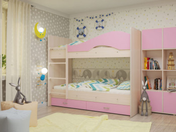 Кровать Мая двухъярусная с ящикамиМлечный дуб/Розовый в Ачинске - achinsk.mebel54.com | фото