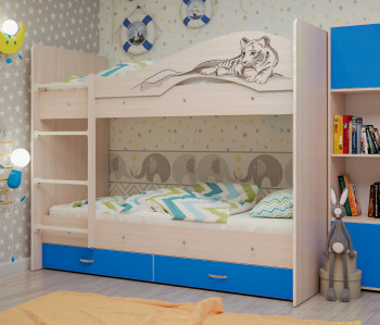 Кровать Мая-Сафари двухъярусная с ящикамиМлечный дуб/Голубой в Ачинске - achinsk.mebel54.com | фото