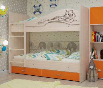 Кровать Мая-Сафари двухъярусная с ящикамиМлечный дуб/Оранжевый в Ачинске - achinsk.mebel54.com | фото