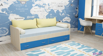 Кровать с выкатными ящиками Дуб молочный/Голубой в Ачинске - achinsk.mebel54.com | фото