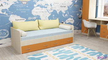 Кровать с выкатными ящиками Дуб Молочный/Оранжевый в Ачинске - achinsk.mebel54.com | фото