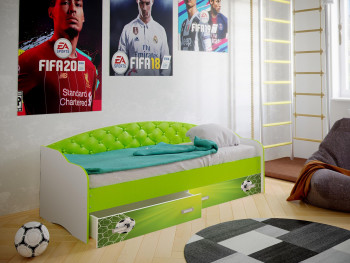 Кровать Софа-8 с мягкой спинкой фотопечать Футбол (900х1900) Белый/Лайм в Ачинске - achinsk.mebel54.com | фото