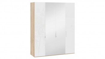 Шкаф комбинированный с 2 глухими и 2 зеркальными дверями «Эмбер» Яблоня Беллуно/Белый глянец в Ачинске - achinsk.mebel54.com | фото